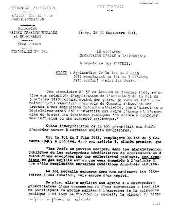 Application de la loi du 2 juin 1941 sur les Juifs