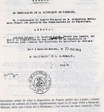 Un faux de Papon : Mise � disposition de Cusin